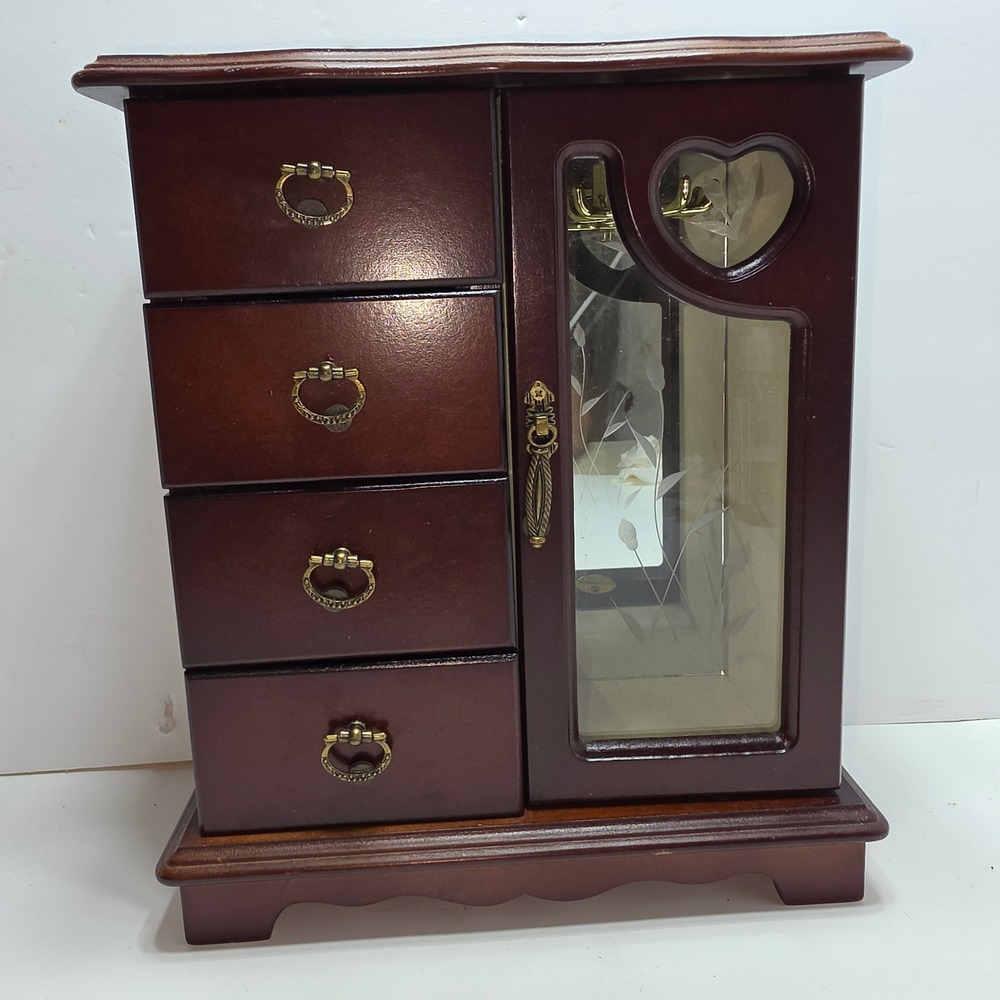 Vintage Wood Jewelry Armoire Tabletop Cabinet 4 Drawers Mirror Necklace Carousel